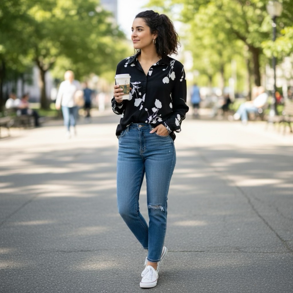 Black and White Truth by Republic Floral Print Button Up Blouse